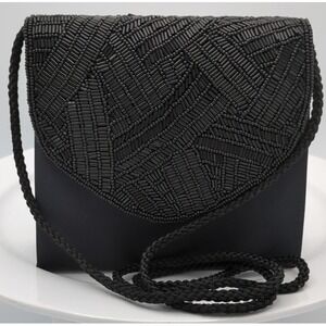Vintage Mini Black Satin & Beaded Rectangle Box Art Deco Crossbody Cocktail Bag